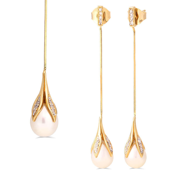 Pingente e Par de Brincos em Ouro Amarelo 18k com Perolas e Diamantes