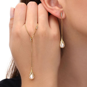 Pingente e Par de Brincos em Ouro Amarelo 18k com Perolas e Diamantes