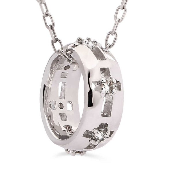 Pingente Em Ouro Branco 18k Circulo com Cruz e Diamantes