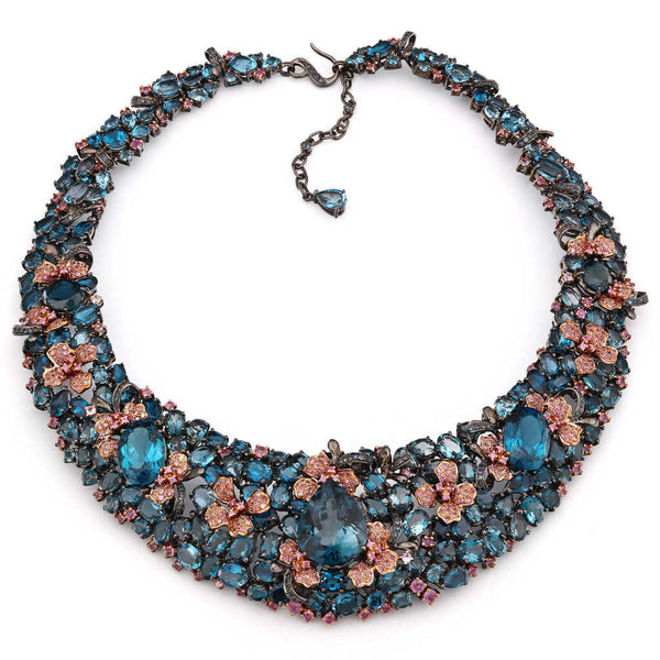 Colar Linha Premium em Prata 925 Floral com Topázio London Blue, Safira Rosa e Safira Azul