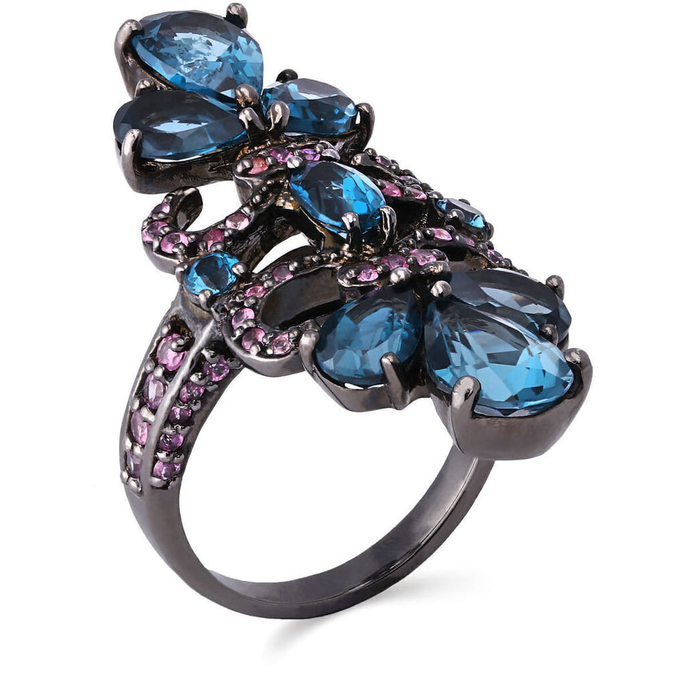 Anel Linha Premium em Prata 925 com Safiras Rosa e Topazio London Blue