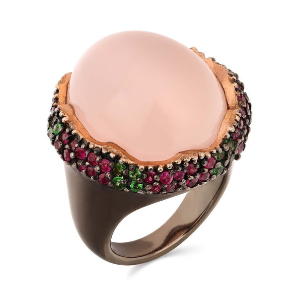 Anel Linha Premium em Prata 925 com Quartzo Rosa, Granada Verde e Safira Rosa