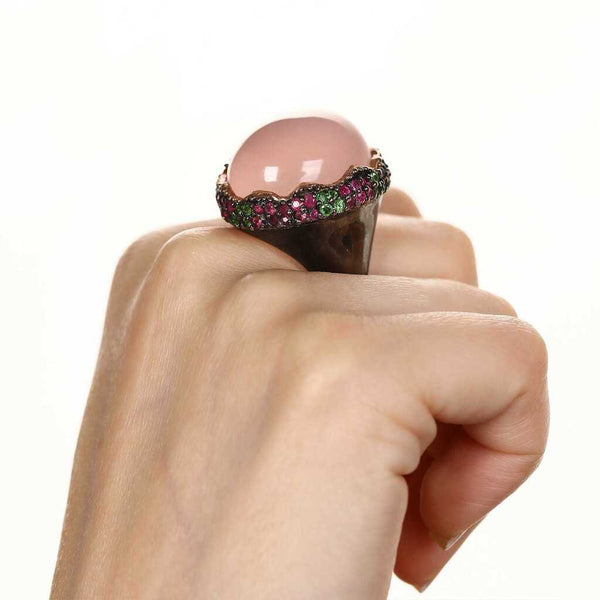 Anel Linha Premium em Prata 925 com Quartzo Rosa, Granada Verde e Safira Rosa