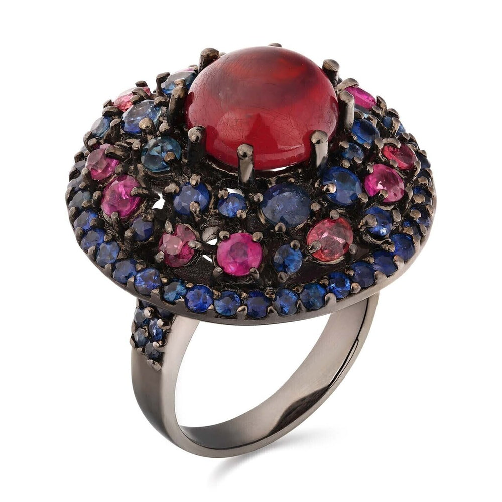 Anel Linha Premium em Prata 925 com Rubis e Safiras Azuis