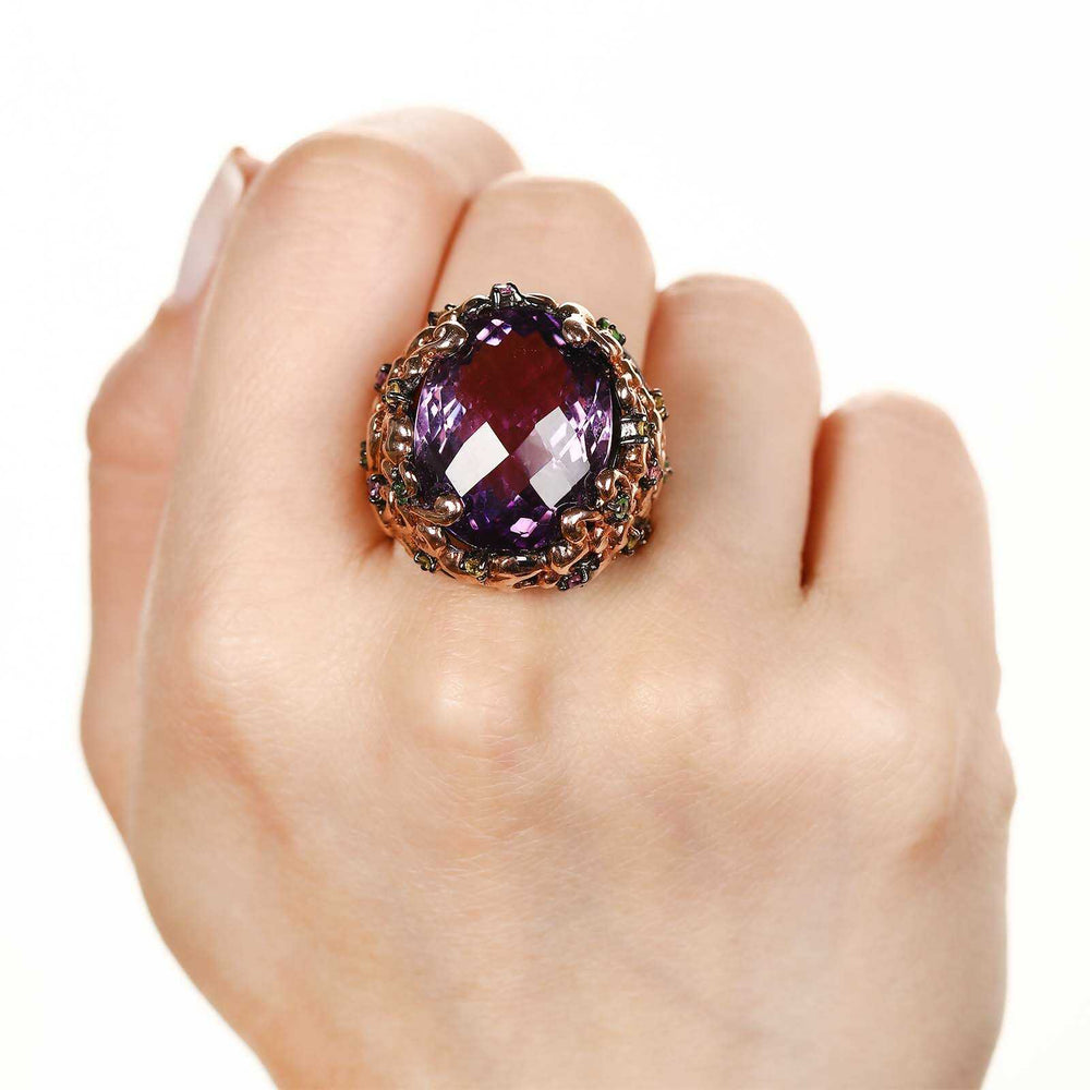 Anel de Prata Luxo com Ametista, Granadas Verdes e Safiras Coloridas Aprox.30,26 cts