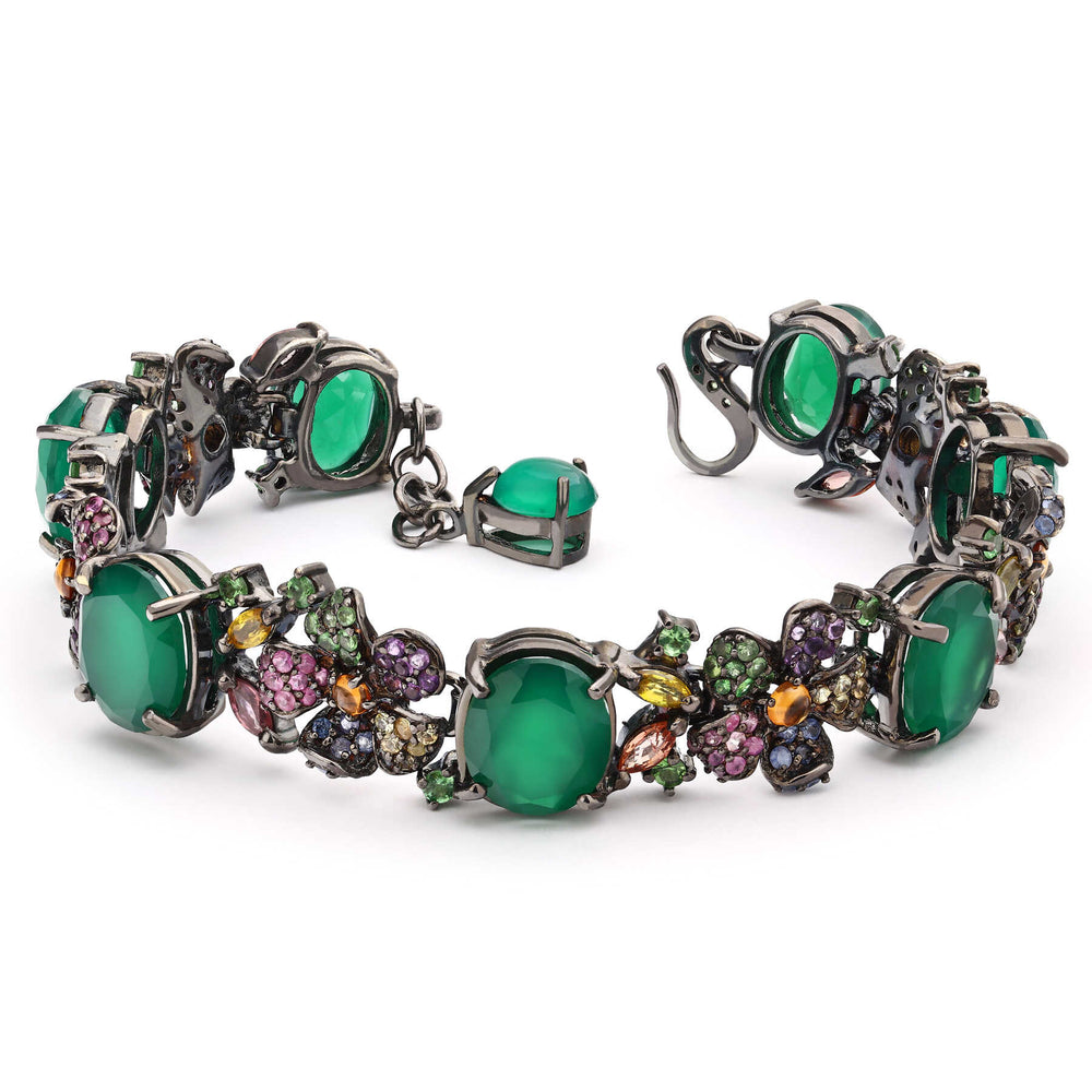 Pulseira de Prata Luxo com Jade Bovenite, Ametistas, Safiras Coloridas e Granadas Verdes