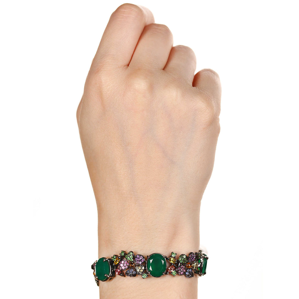 Pulseira de Prata Luxo com Jade Bovenite, Ametistas, Safiras Coloridas e Granadas Verdes