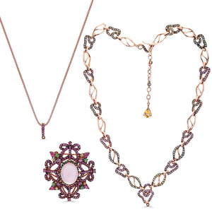 Colar Linha Premium em Prata 925 com Quartzo Rosa,Ametista,Granadas Verdes e Safiras