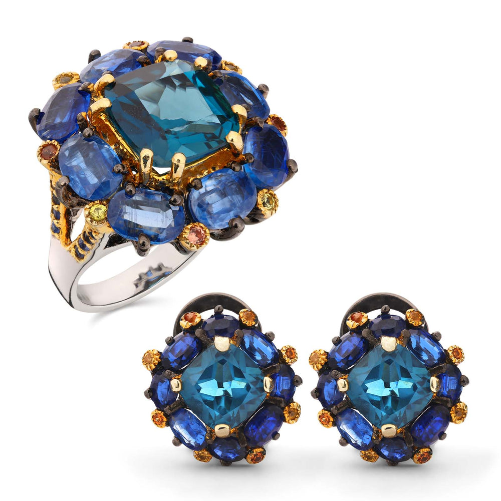 Anel e Par de Brinco de Prata Luxo com Topázios London Blue, Kianites e Safiras