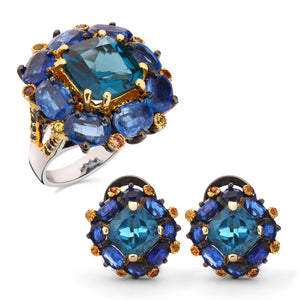 Anel e Par de Brinco de Prata Luxo com Topázios London Blue, Kianites e Safiras