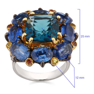 Anel e Par de Brinco de Prata Luxo com Topázios London Blue, Kianites e Safiras