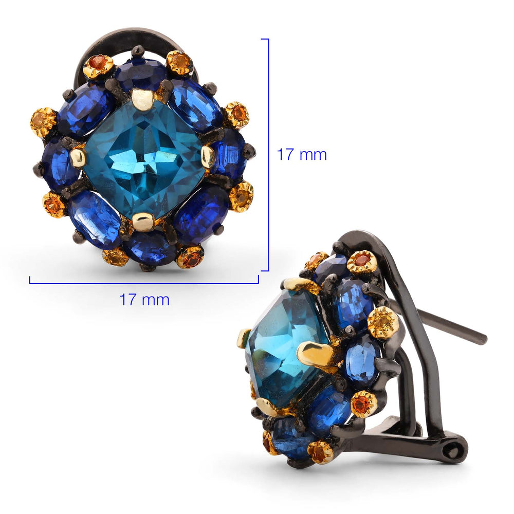Anel e Par de Brinco de Prata Luxo com Topázios London Blue, Kianites e Safiras