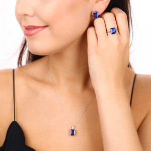 Anel, Brinco e Pingente de Prata com Safiras Retangular Aprox. 18 cts