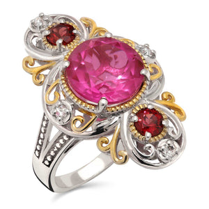Anel de Prata com Quartzo Orchid, Rodolitas e Topazios Brancos Aprox. 5,90 cts