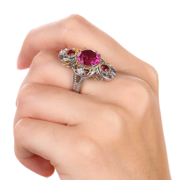 Anel de Prata com Quartzo Orchid, Rodolitas e Topazios Brancos Aprox. 5,90 cts