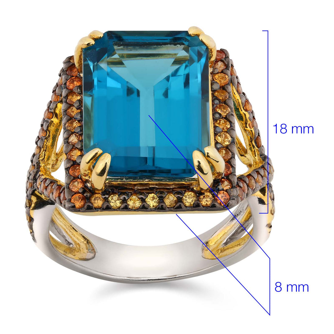 Anel e Par de Brinco Linha Premium em Prata 925 com Topázio Azul e Safira Laranja