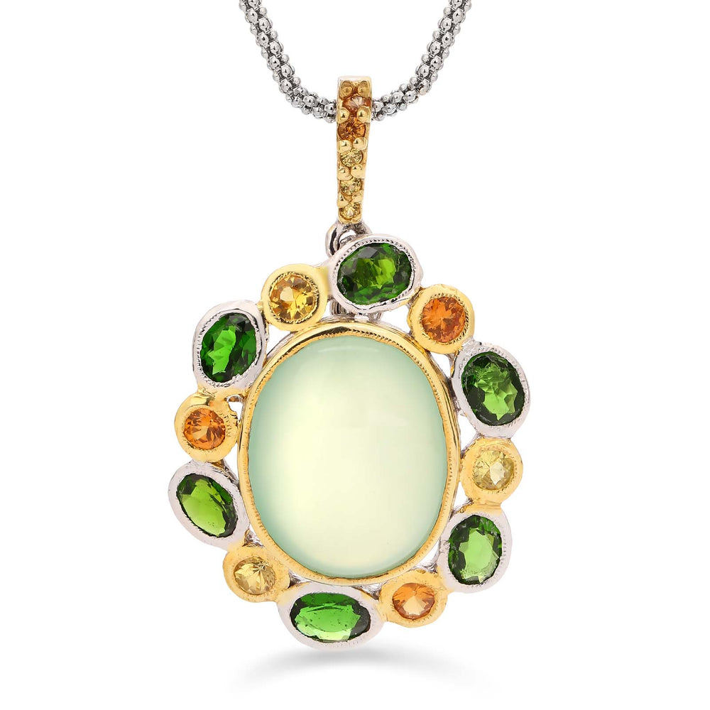 Pingente de Prata Luxo com Prenita, 6 Chromediopsides e 11 Safiras Amarelas e Laranjas Aprox. 15,10 cts