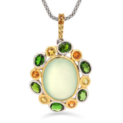 Pingente de Prata Luxo com Prenita, 6 Chromediopsides e 11 Safiras Amarelas e Laranjas Aprox. 15,10 cts