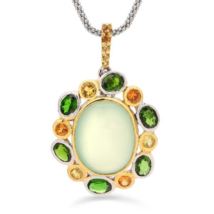 Pingente de Prata Luxo com Prenita, 6 Chromediopsides e 11 Safiras Amarelas e Laranjas Aprox. 15,10 cts