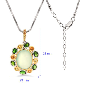 Pingente de Prata Luxo com Prenita, 6 Chromediopsides e 11 Safiras Amarelas e Laranjas Aprox. 15,10 cts