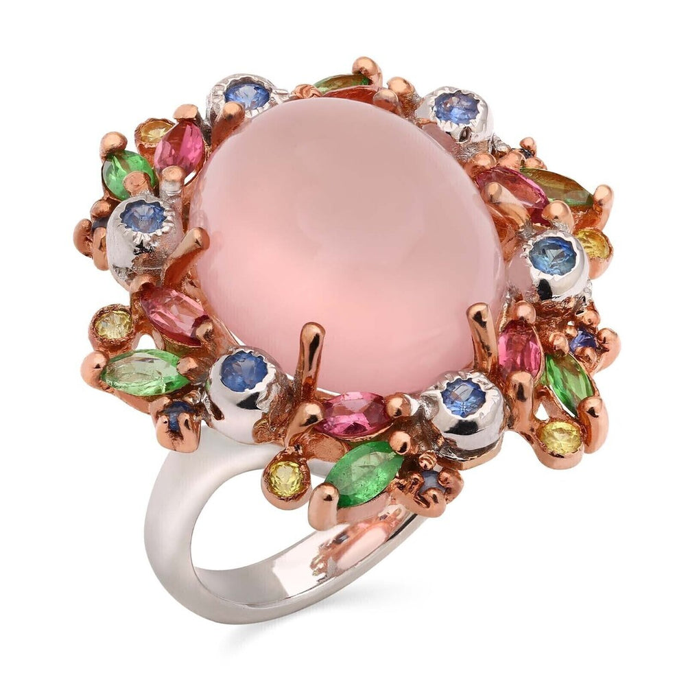 Anel Linha Premium em Prata 925 com Quartzo Rosa, Safira Colorida, Cromodiopside