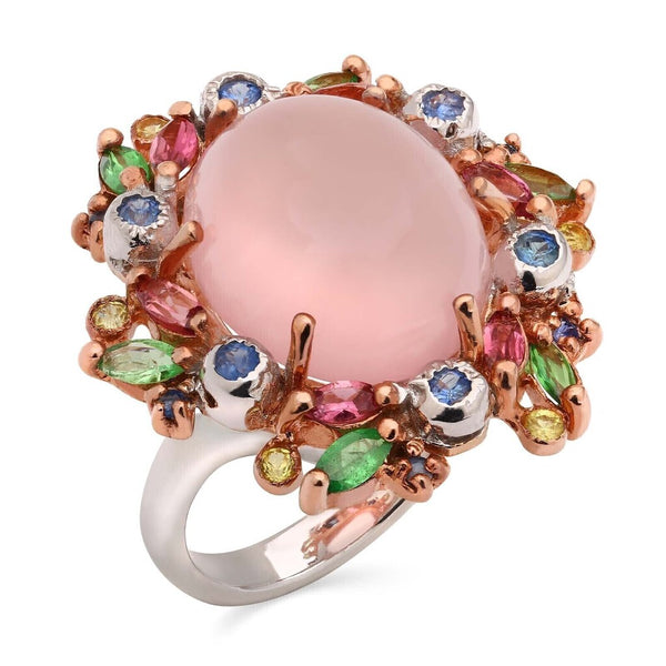 Anel Linha Premium em Prata 925 com Quartzo Rosa, Safira Colorida, Cromodiopside