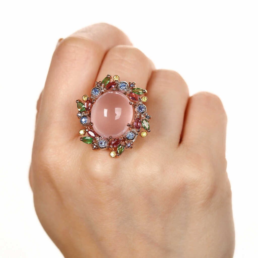 Anel Linha Premium em Prata 925 com Quartzo Rosa, Safira Colorida, Cromodiopside
