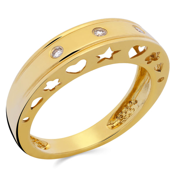 Anel de Ouro com Desenhos Vazados e Diamantes Aprox. 6 pts - AU AM 18K
