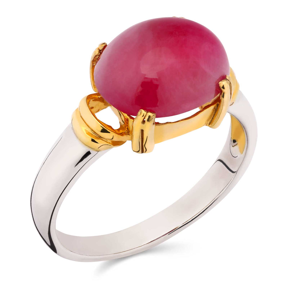 Anel Rubi Cabuchon Aprox 7,1 Cts com Detalhes em Ouro Amarelo Prata