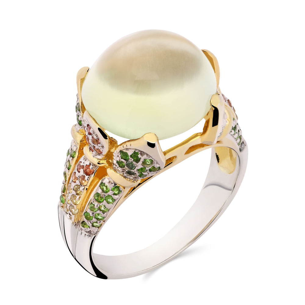 184662-Anel Linha Premium em Prata 925 com Prenita,Crome Diopside,Safiras Laranjas e Safiras Amarelas
