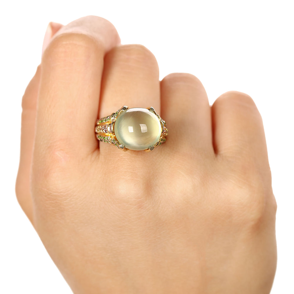 184662-Anel Linha Premium em Prata 925 com Prenita,Crome Diopside,Safiras Laranjas e Safiras Amarelas