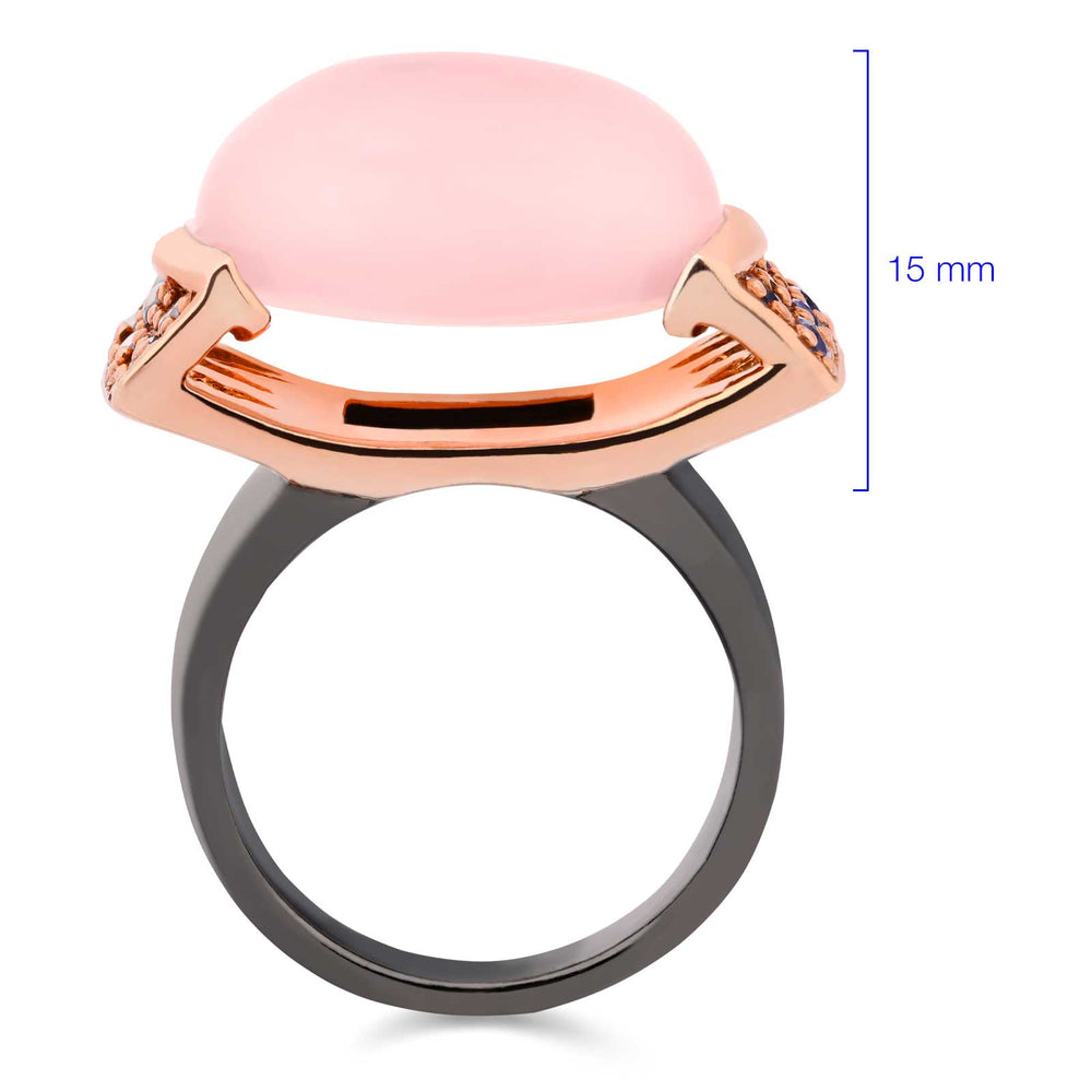 Anel Quartzo Rosa com 12 Safiras Azuis Aprox 15,8 Cts com Detalhe em ouro Rosé Prata