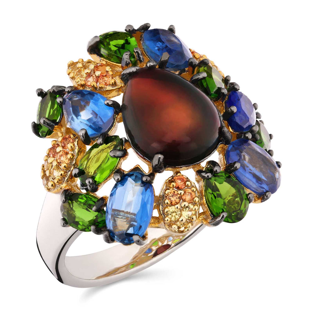 185293-Anel Linha Premium em Prata 925 com Opalas,Crome Diopside, Kianites e Safiras Laranjas