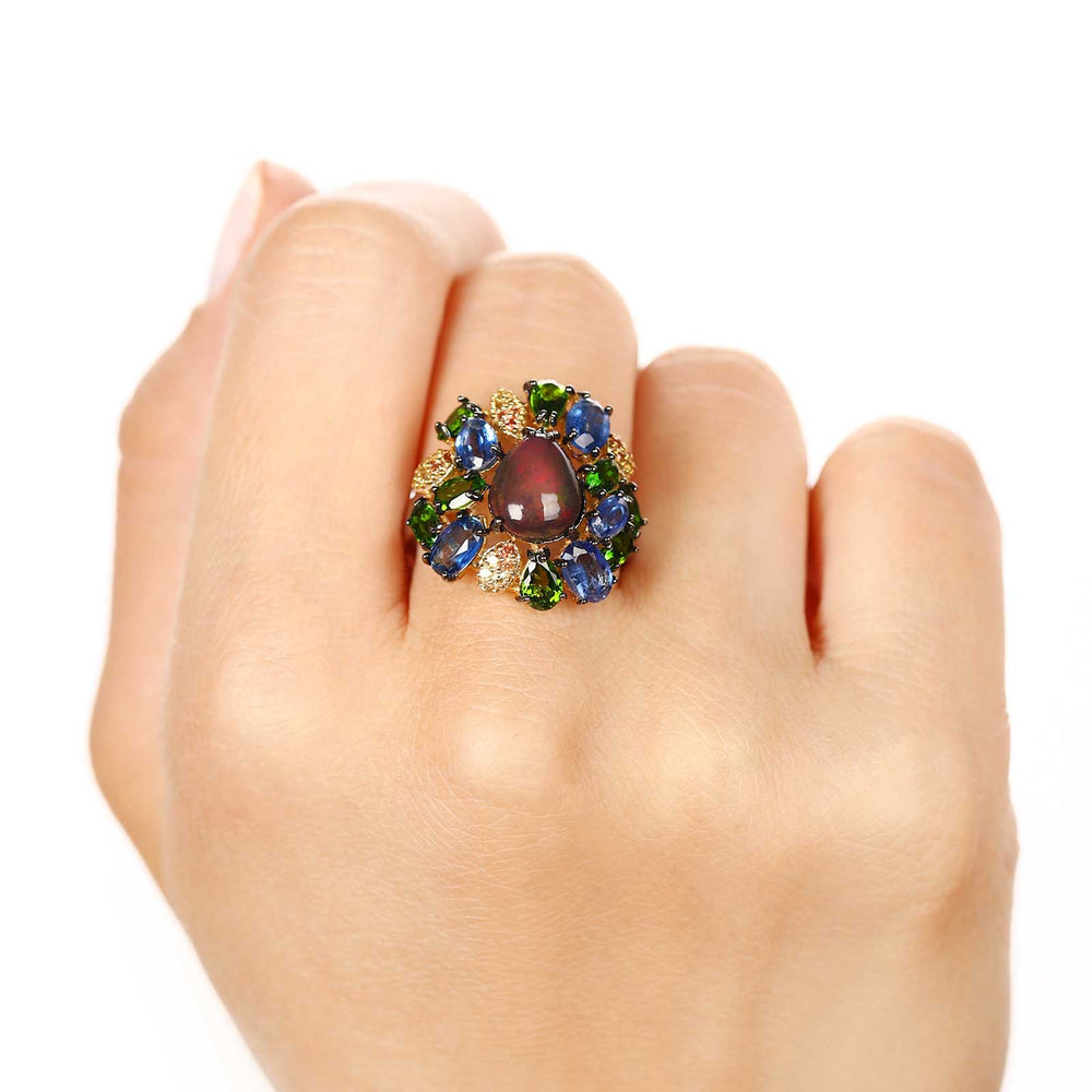 185293-Anel Linha Premium em Prata 925 com Opalas,Crome Diopside, Kianites e Safiras Laranjas