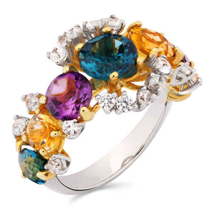 Anel em Prata Luxo com Ametistas, Citrinos, Topázios London Blue e Zircônias
