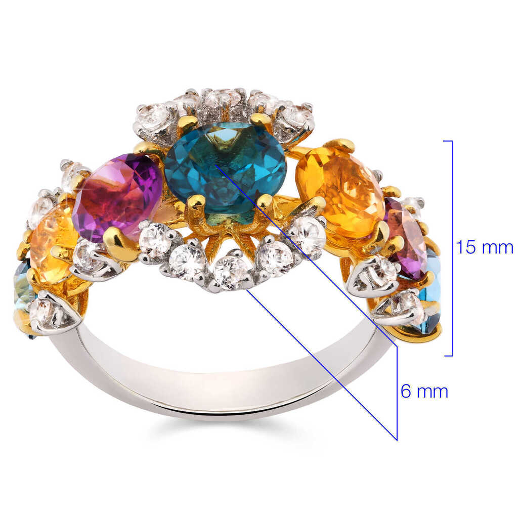 Anel em Prata Luxo com Ametistas, Citrinos, Topázios London Blue e Zircônias