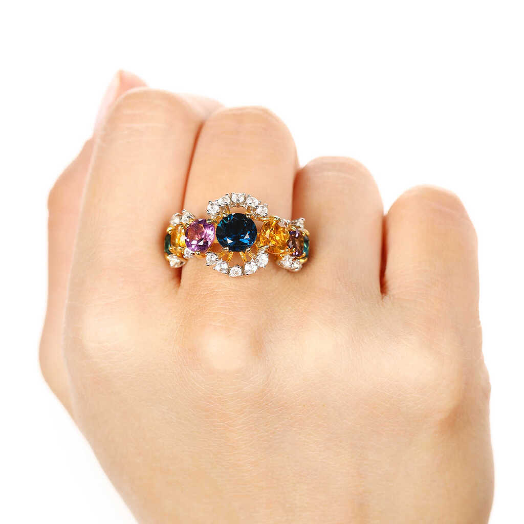 Anel em Prata Luxo com Ametistas, Citrinos, Topázios London Blue e Zircônias