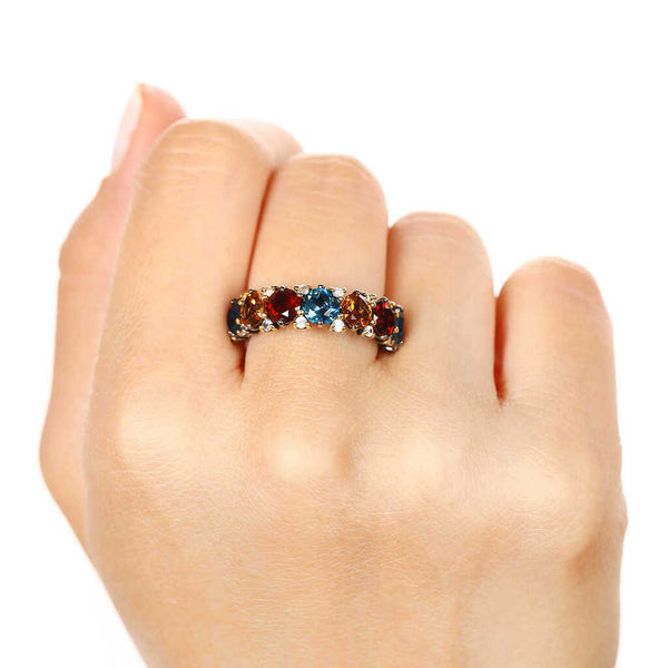 Anel em Prata Luxo com Citrino, Granadas, London Blue e Zircônias