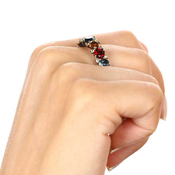 Anel em Prata Luxo com Citrino, Granadas, London Blue e Zircônias