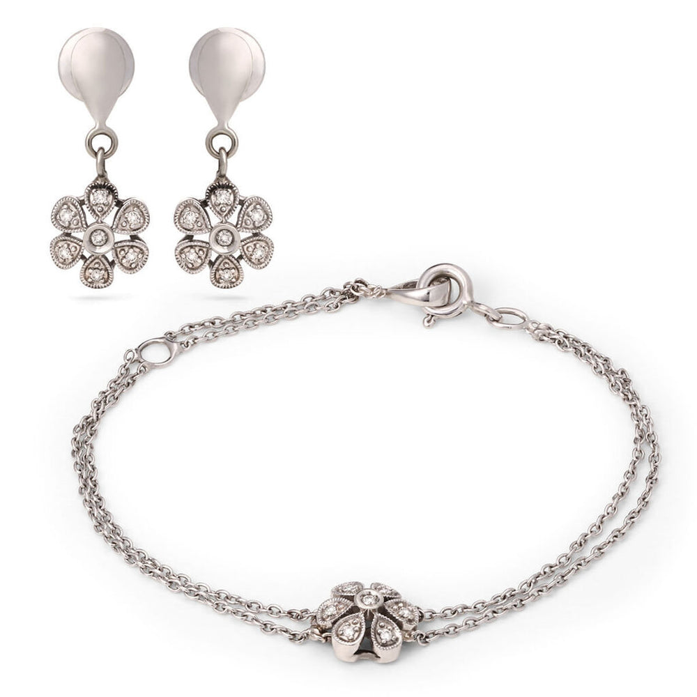 Par De Brincos E Pulseira em Ouro Branco 18k Com Diamantes