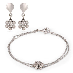 Par De Brincos E Pulseira em Ouro Branco 18k Com Diamantes
