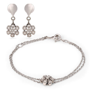 Par De Brincos E Pulseira em Ouro Branco 18k Com Diamantes