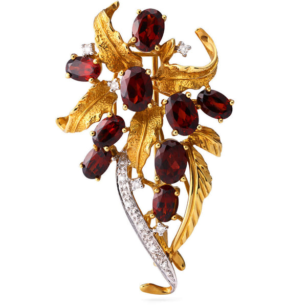 Broche Flor em Ouro Amarelo e Branco Com Granadas e Diamantes