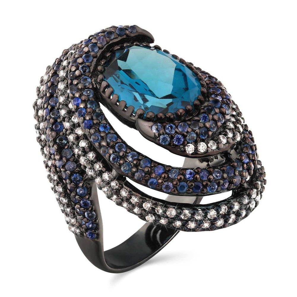 Anel de Prata Luxo com Topazio London Blue, Safiras Azul 10,91 cts