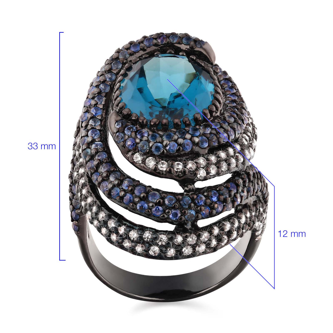 Anel de Prata Luxo com Topazio London Blue, Safiras Azul 10,91 cts