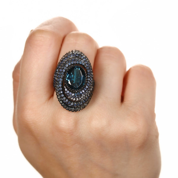 Anel de Prata Luxo com Topazio London Blue, Safiras Azul 10,91 cts