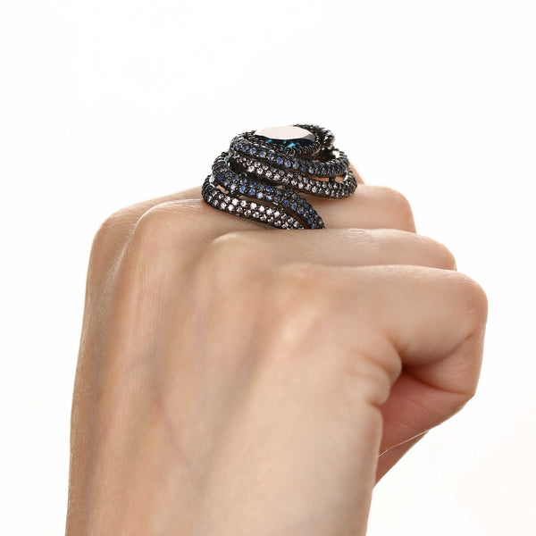 Anel de Prata Luxo com Topazio London Blue, Safiras Azul 10,91 cts