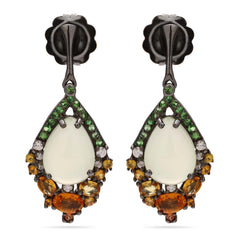 Par de Brinco de Prata Luxo com Prenita, Safiras Laranjas, Granadas Verde e Zirconias