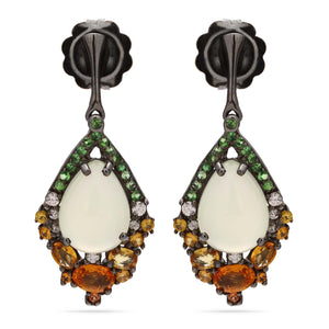 Par de Brinco de Prata Luxo com Prenita, Safiras Laranjas, Granadas Verde e Zirconias
