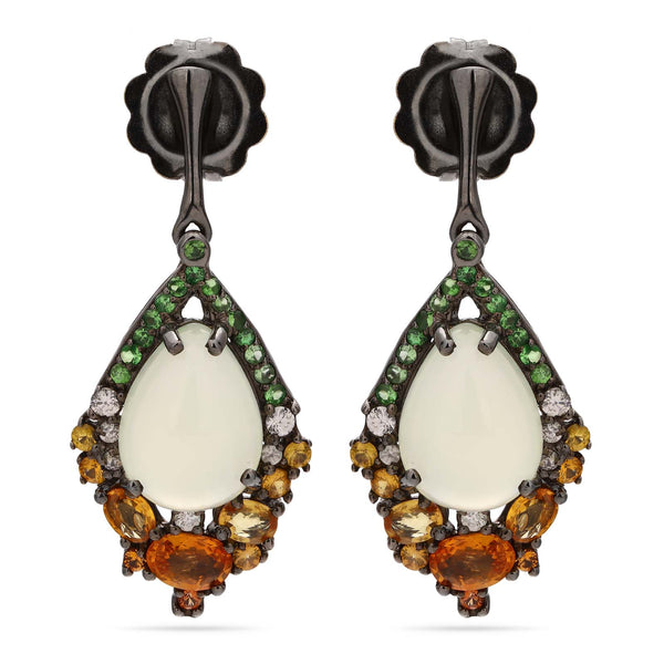 Par de Brinco de Prata Luxo com Prenita, Safiras Laranjas, Granadas Verde e Zirconias